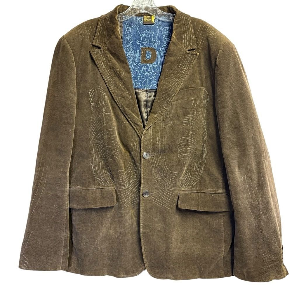 Y2K Dekker Mens Brown‎ Corduroy 2 Button Embroidered Retro Fall Blazer Size XL